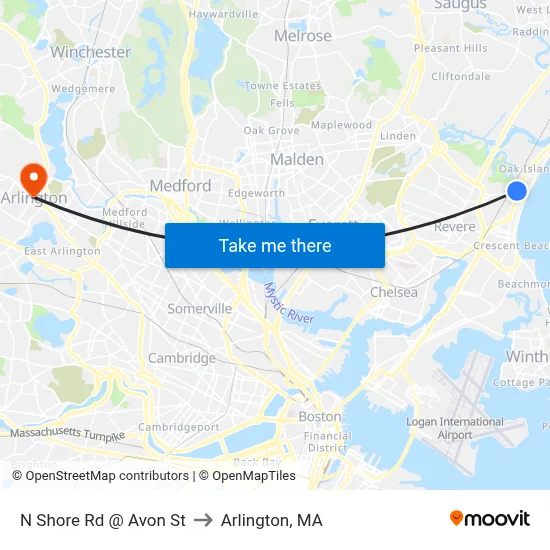 N Shore Rd @ Avon St to Arlington, MA map