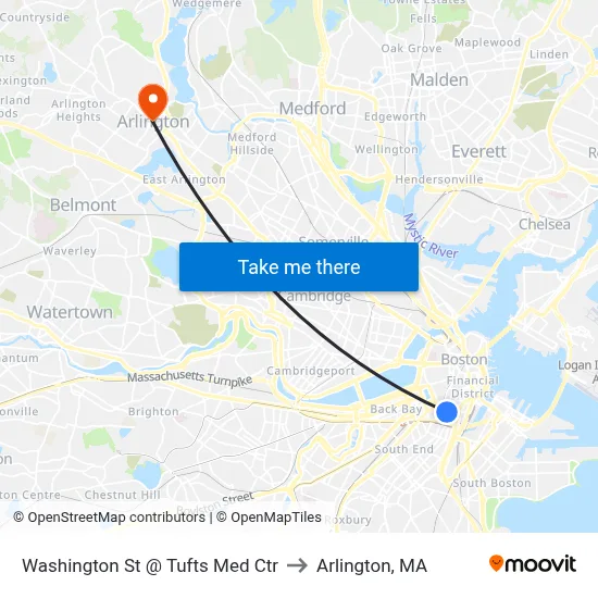 Washington St @ Tufts Med Ctr to Arlington, MA map