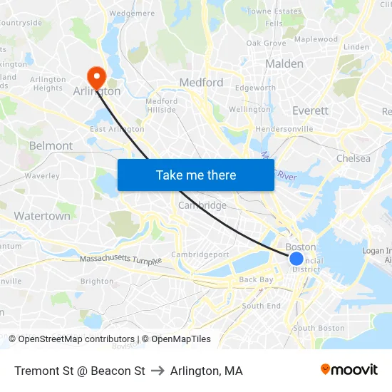 Tremont St @ Beacon St to Arlington, MA map
