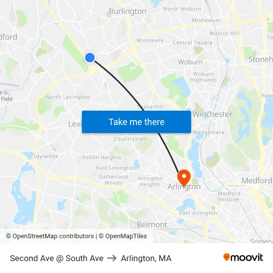 Second Ave @ South Ave to Arlington, MA map