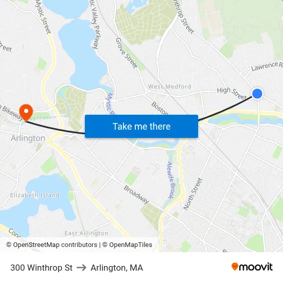 300 Winthrop St to Arlington, MA map