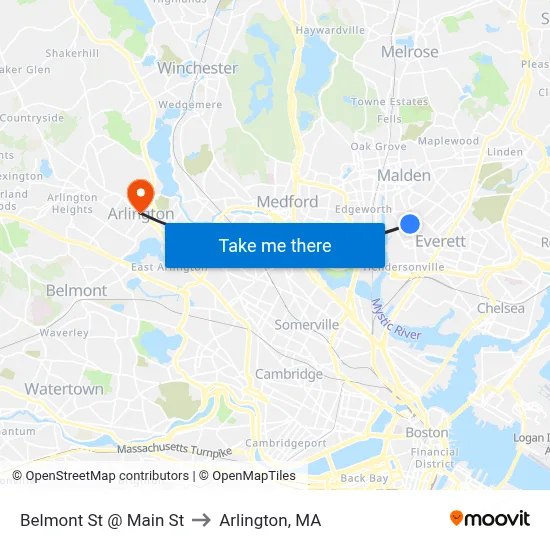 Belmont St @ Main St to Arlington, MA map