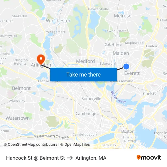 Hancock St @ Belmont St to Arlington, MA map