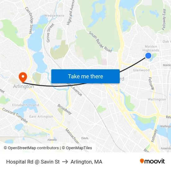 Hospital Rd @ Savin St to Arlington, MA map