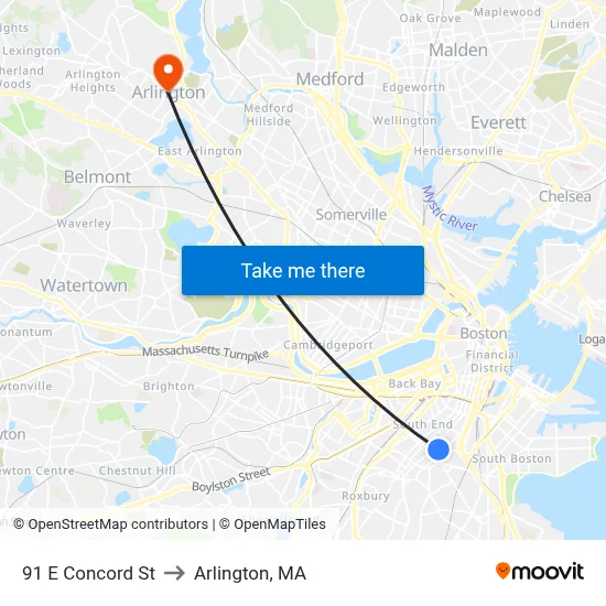 91 E Concord St to Arlington, MA map