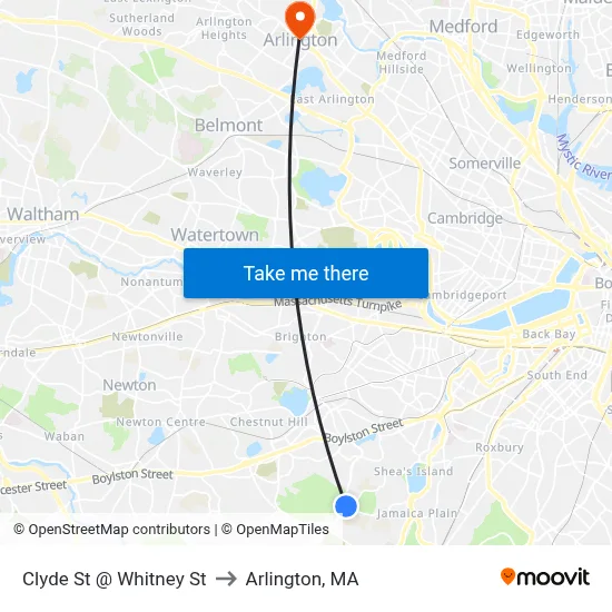 Clyde St @ Whitney St to Arlington, MA map