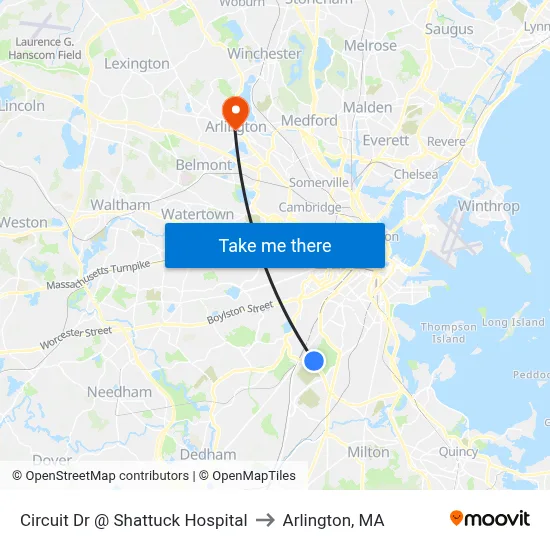 Circuit Dr @ Shattuck Hospital to Arlington, MA map