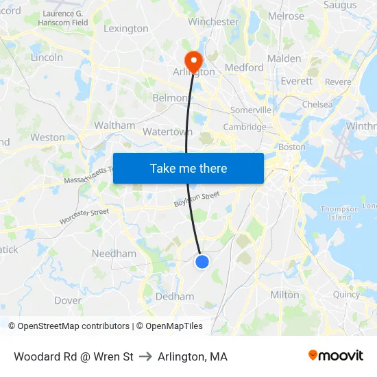 Woodard Rd @ Wren St to Arlington, MA map