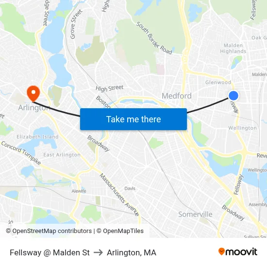 Fellsway @ Malden St to Arlington, MA map