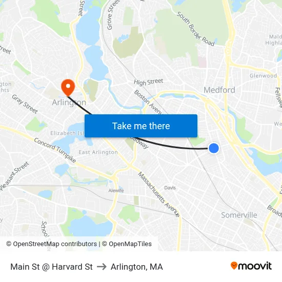 Main St @ Harvard St to Arlington, MA map