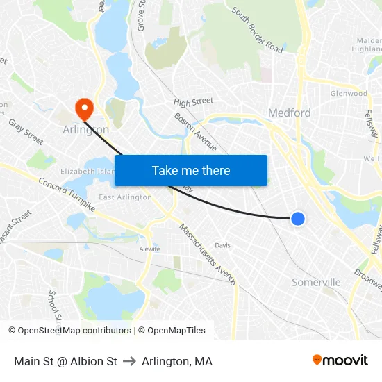 Main St @ Albion St to Arlington, MA map
