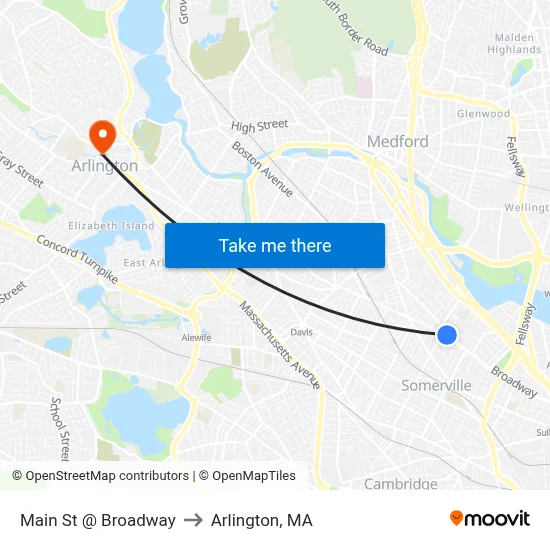 Main St @ Broadway to Arlington, MA map