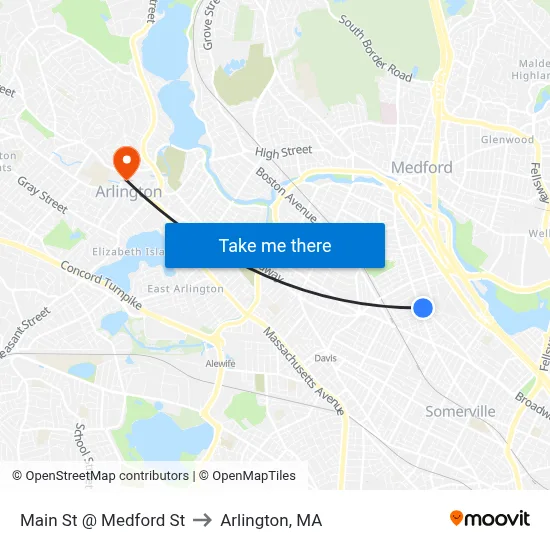 Main St @ Medford St to Arlington, MA map