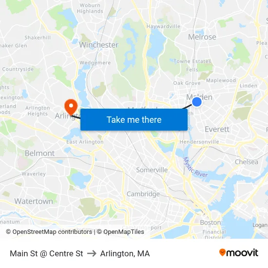 Main St @ Centre St to Arlington, MA map