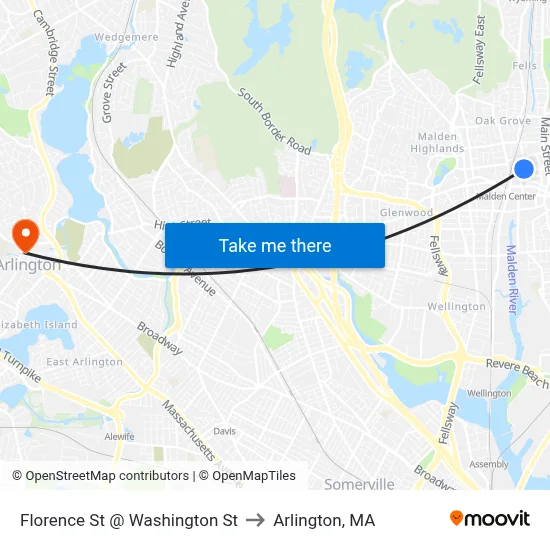 Florence St @ Washington St to Arlington, MA map