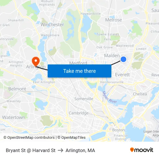 Bryant St @ Harvard St to Arlington, MA map