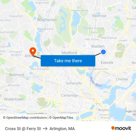 Cross St @ Ferry St to Arlington, MA map