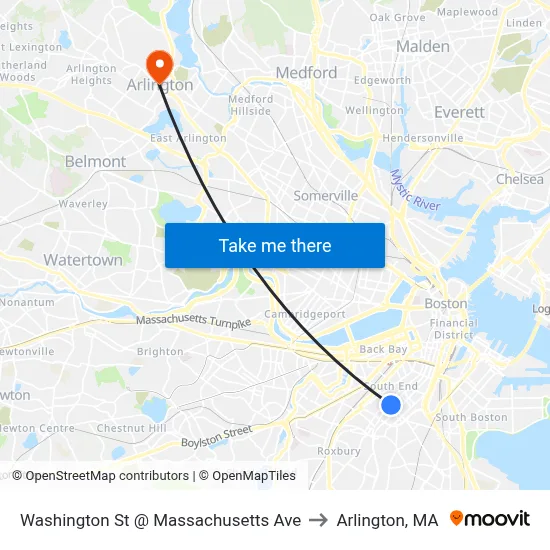 Washington St @ Massachusetts Ave to Arlington, MA map