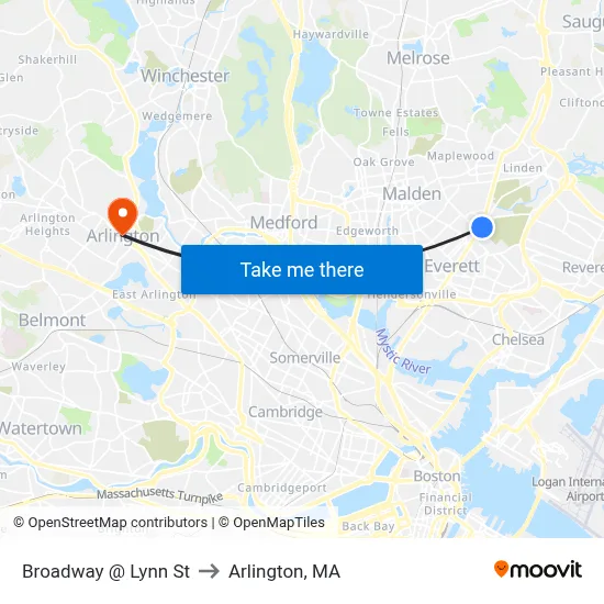 Broadway @ Lynn St to Arlington, MA map