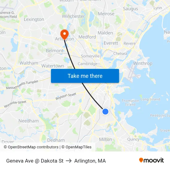 Geneva Ave @ Dakota St to Arlington, MA map