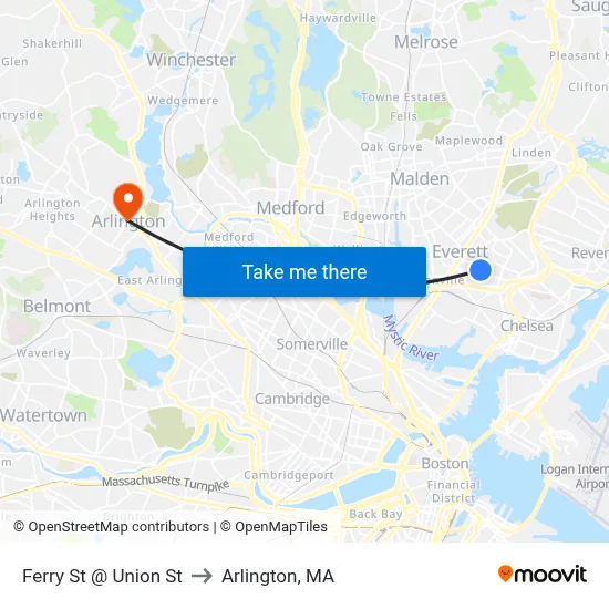 Ferry St @ Union St to Arlington, MA map