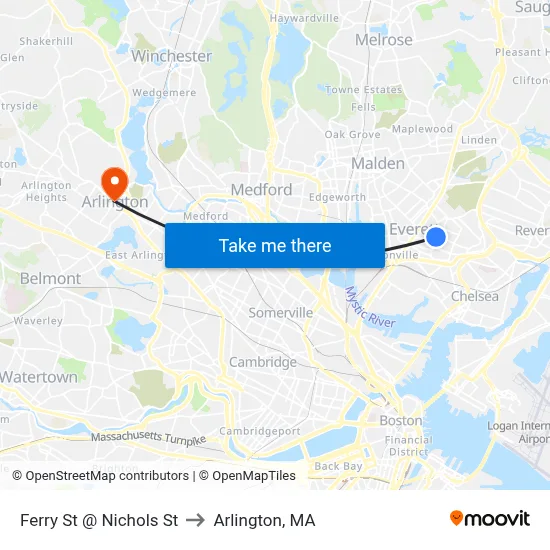 Ferry St @ Nichols St to Arlington, MA map
