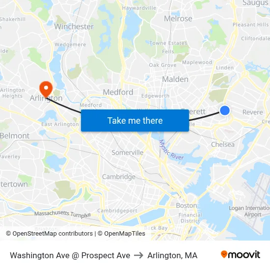 Washington Ave @ Prospect Ave to Arlington, MA map