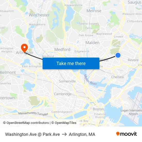 Washington Ave @ Park Ave to Arlington, MA map