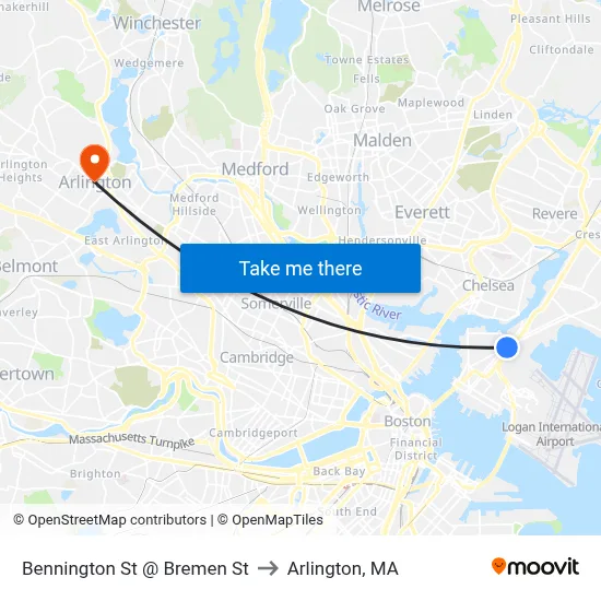 Bennington St @ Bremen St to Arlington, MA map