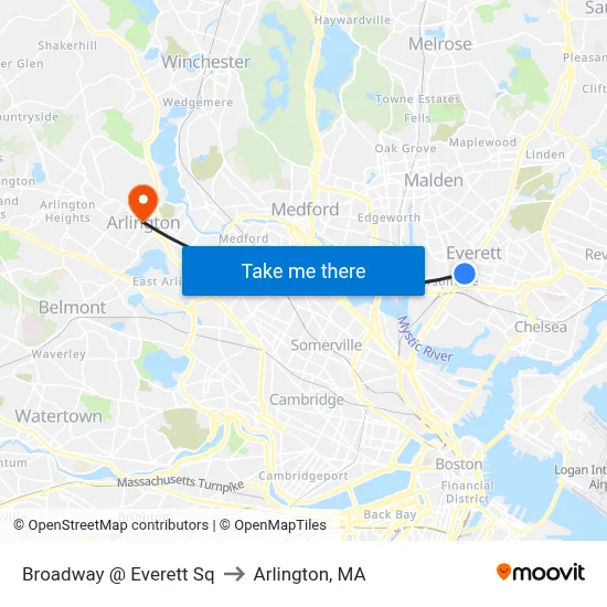 Broadway @ Everett Sq to Arlington, MA map