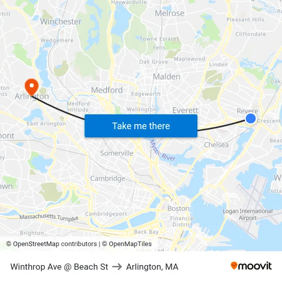 Winthrop Ave @ Beach St to Arlington, MA map