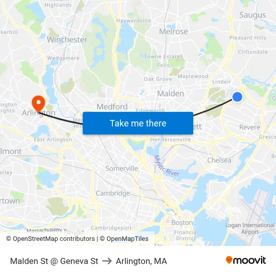 Malden St @ Geneva St to Arlington, MA map