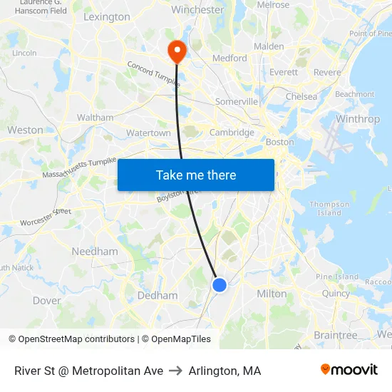 River St @ Metropolitan Ave to Arlington, MA map