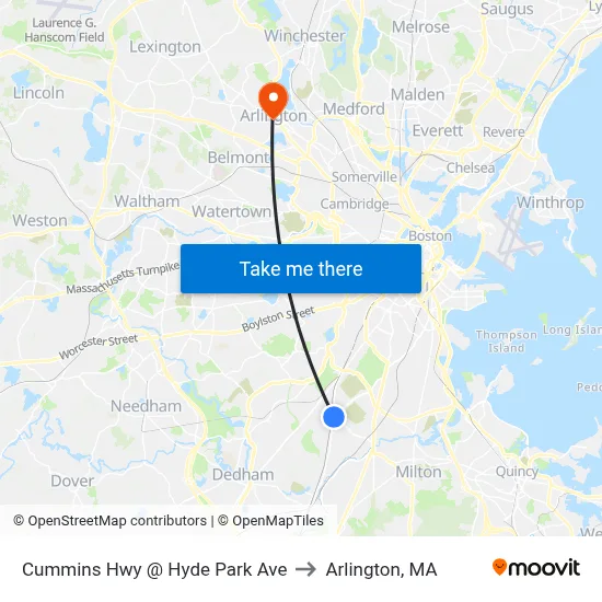 Cummins Hwy @ Hyde Park Ave to Arlington, MA map