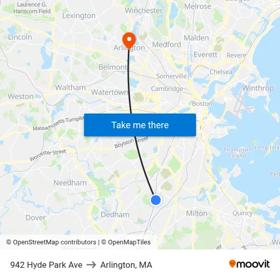 942 Hyde Park Ave to Arlington, MA map