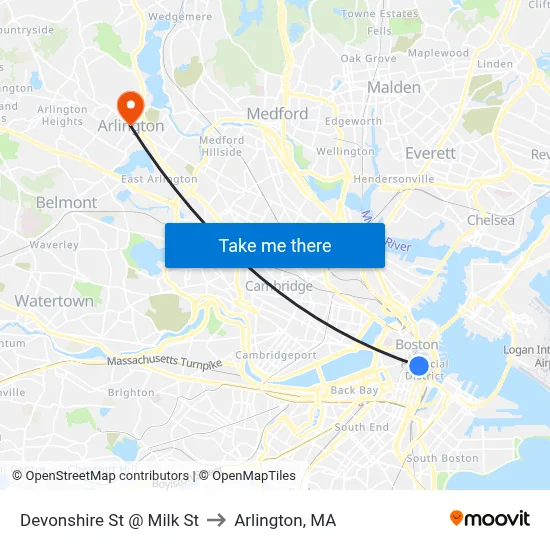 Devonshire St @ Milk St to Arlington, MA map