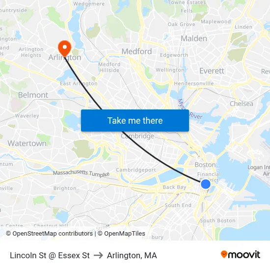Lincoln St @ Essex St to Arlington, MA map