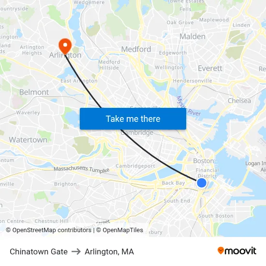 Chinatown Gate to Arlington, MA map