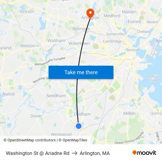 Washington St @ Ariadne Rd to Arlington, MA map