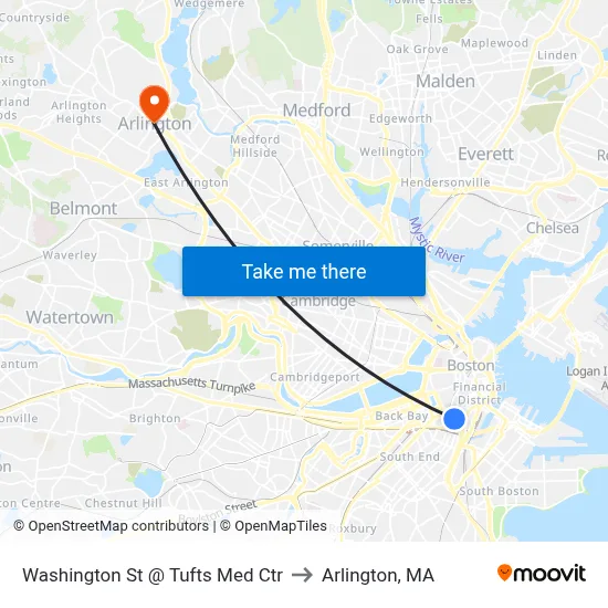 Washington St @ Tufts Med Ctr to Arlington, MA map