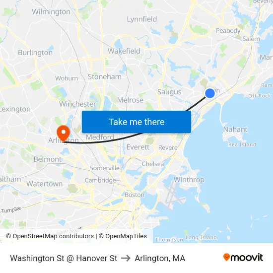 Washington St @ Hanover St to Arlington, MA map