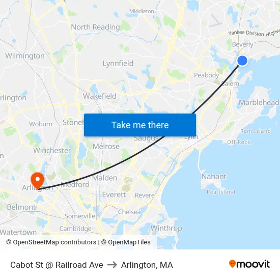 Cabot St @ Railroad Ave to Arlington, MA map