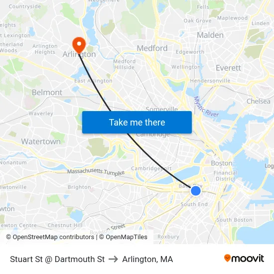 Stuart St @ Dartmouth St to Arlington, MA map