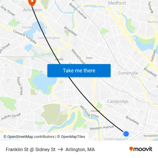 Franklin St @ Sidney St to Arlington, MA map