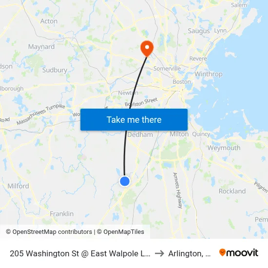 205 Washington St @ East Walpole Loop to Arlington, MA map