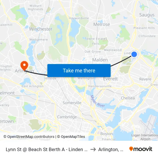 Lynn St @ Beach St Berth A - Linden Sq to Arlington, MA map