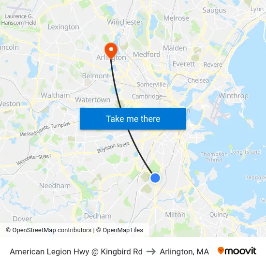 American Legion Hwy @ Kingbird Rd to Arlington, MA map