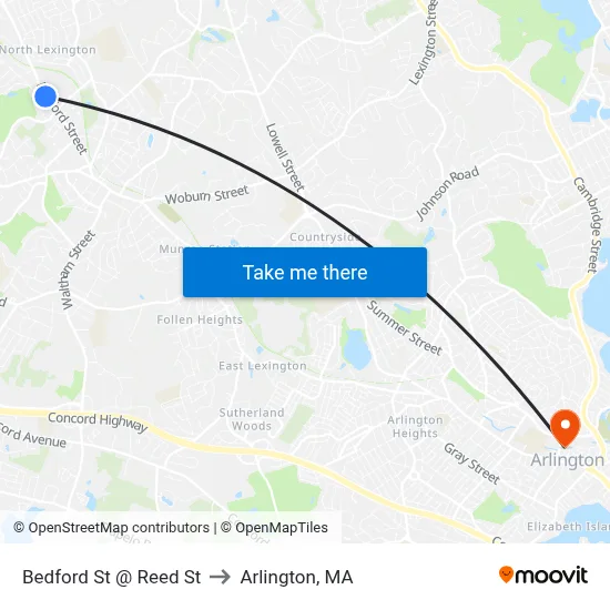 Bedford St @ Reed St to Arlington, MA map