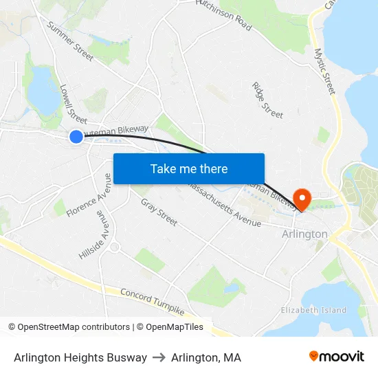 Arlington Heights Busway to Arlington, MA map