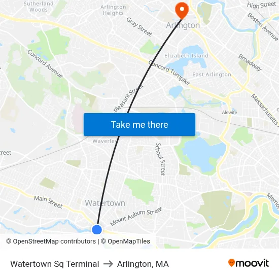 Watertown Sq Terminal to Arlington, MA map